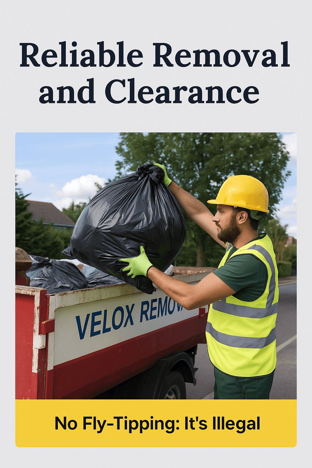 Worker in safety gear responsibly disposing of a black rubbish bag into a licensed waste container during a clearance job